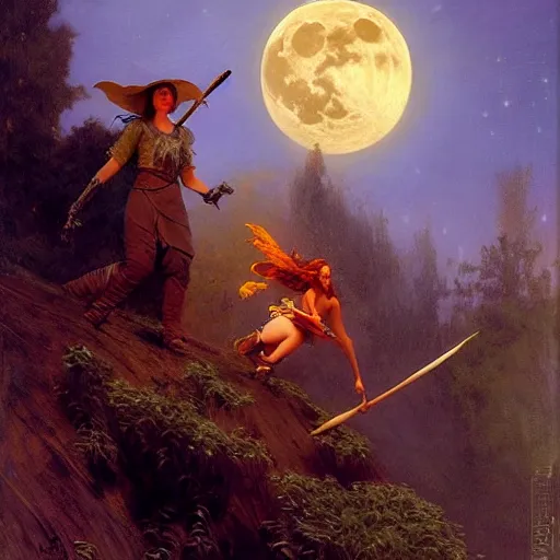 Image similar to witch flying with a broom, trough the night, fantasy, full moon in background. highly detailed painting by gaston bussiere, craig mullins, j. c. leyendecker 8 k