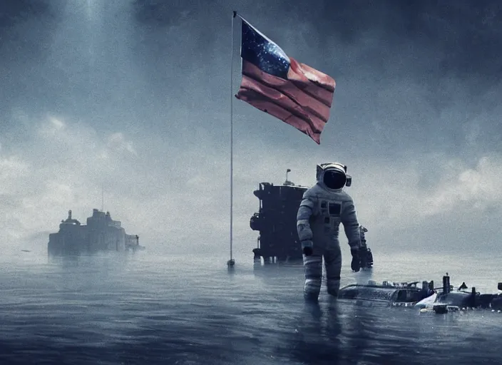 Image similar to astronaut holding a flag in an underwater desert. a submarine is visible in the distance. dark, concept art, cinematic, dramatic, atmospheric, 8 k, trending on artstation, blue, fish, low visibility, fog, ocean floor, christopher nolan, interstellar