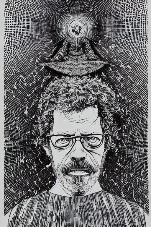 Image similar to an awesome jean giraud portrait of terence mckenna in the style of a rennaissance masters portrait, mystical and occult symbolism