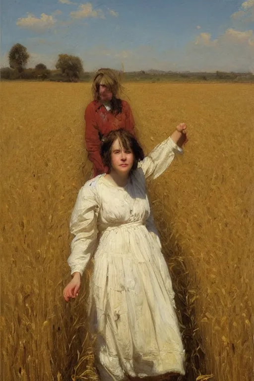 Image similar to Solomon Joseph Solomon and Richard Schmid and Jeremy Lipking victorian genre painting full length portrait painting of a young cottagecore walking in a wheat field, red background