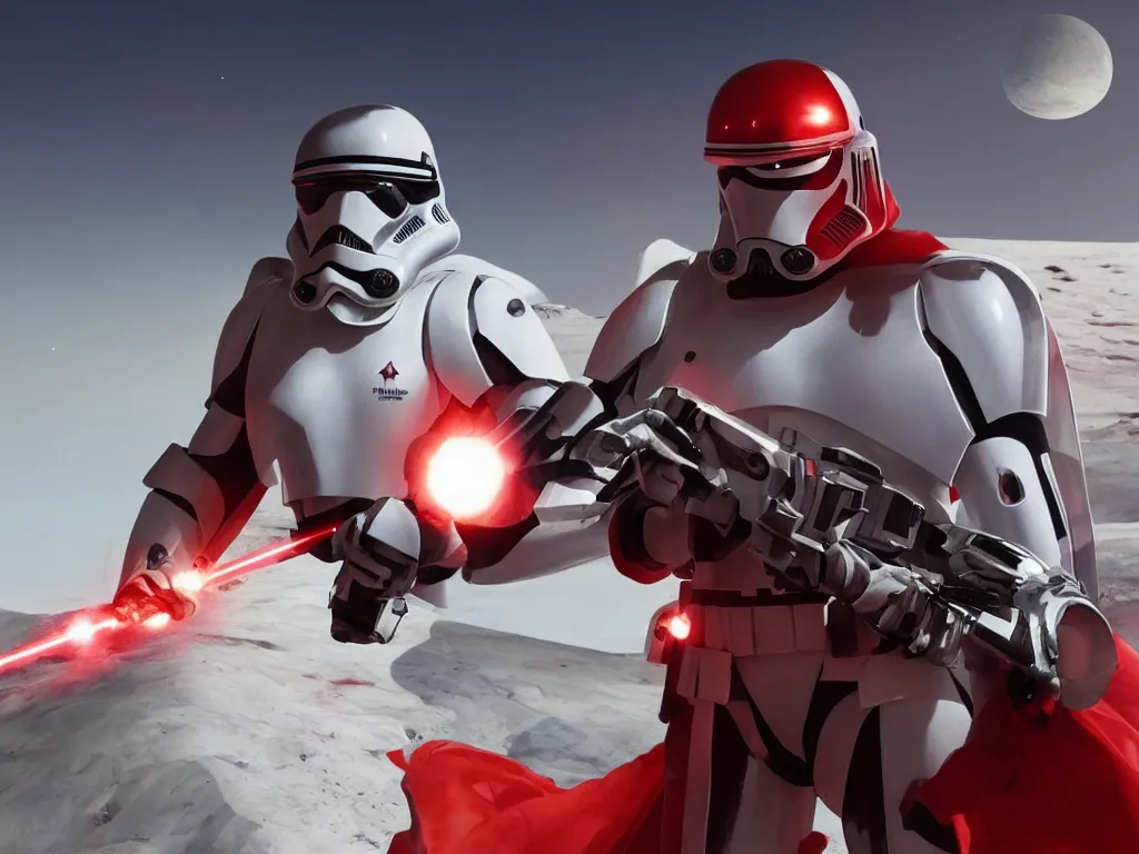 Image similar to gigachad space trooper in glossy sleek white armor with small red details, no helmet, red cape, heroic posture, firing laser rifle, muscular, athletic, on the surface of mars, explosions in the background, nighttime, dramatic lighting, cinematic, movie still from star wars