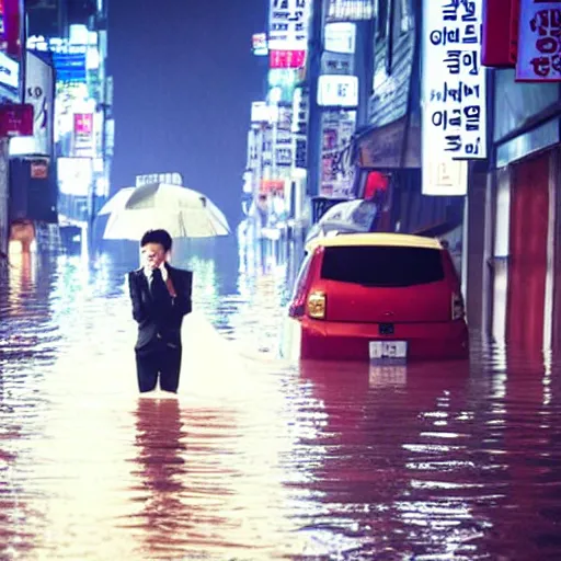 Prompt: seoul city is flooded by heavy rain. A guy with suit is sitting on the top of the A car is middle of the street flooded. Shinkai Makoto Ghibli anime style