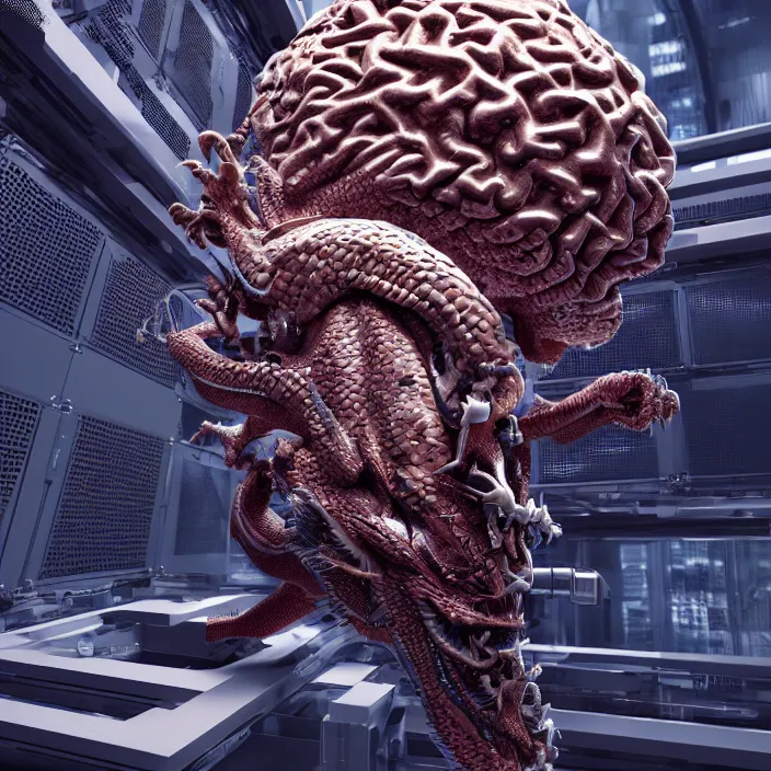 Prompt: dragon brain, attached to a supercomputer, with pipes attached to it, a researcher nearby, skynet, intricate detailed digital art, artstation, octane