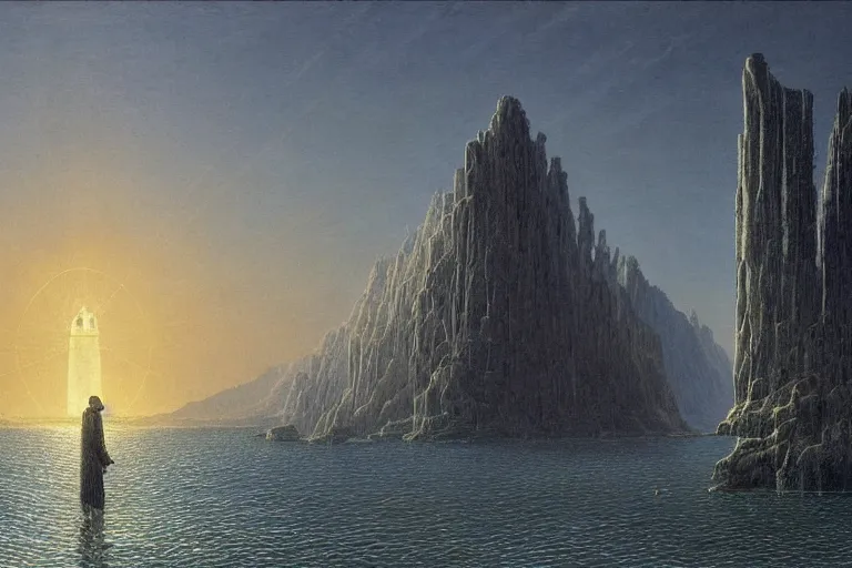 Prompt: intricate, 3 d, metallic dome just above the ocean, style by caspar david friedrich and wayne barlowe and ted nasmith.