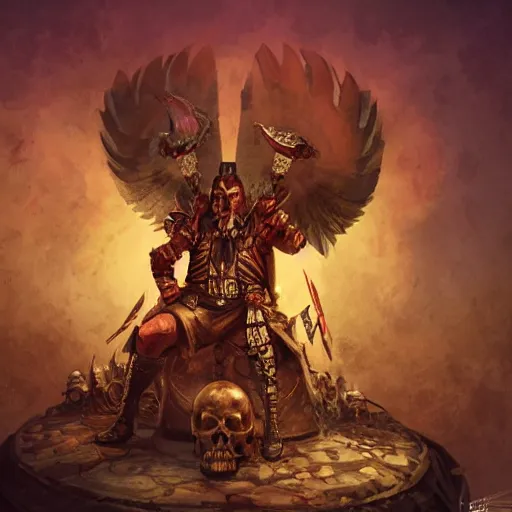 Image similar to Turkey, Anthropomorphized, as warlord general sitting on skull throne, magic the gathering artwork, D&D, fantasy, cinematic lighting, centered, symmetrical, highly detailed, digital painting, artstation, concept art, smooth, sharp focus, illustration, volumetric lighting, epic Composition, 8k, art by Akihiko Yoshida and Greg Rutkowski and Craig Mullins, heroic pose, oil painting, cgsociety, Battlefield background, explosions, arrows