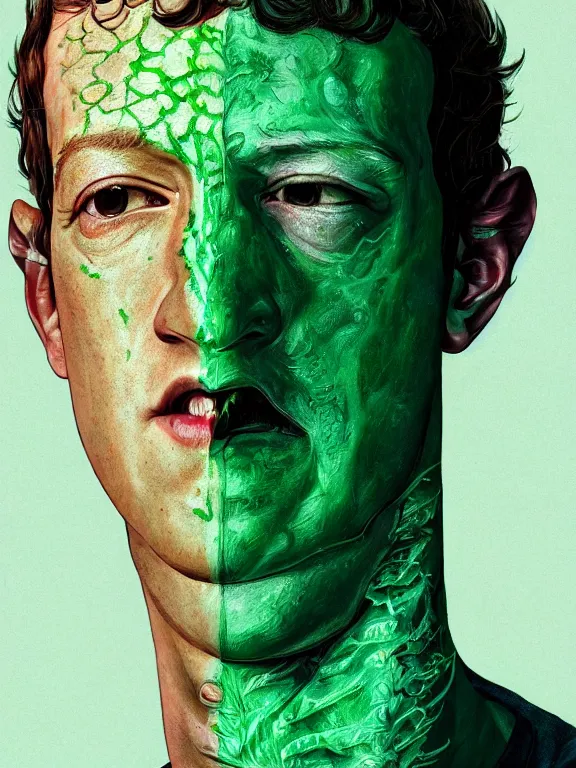 Image similar to portrait of a mark zuckerberg, skin peeling away to reveal bright green! reptile! skin!, forked tongue, art by ryo shiotani and greg rutkowski, intricate, beautiful, cinematic lighting, vintage art by serge ivanoff, high resolution, very detailed