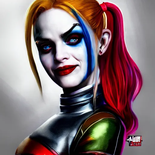 Image similar to Harley Quinn from the suicide squad, portrait, playful, fantasy, medieval, beautiful face, vivid colrs, elegant, concept art, sharp focus, digital art, Hyper-realistic, 4K, Unreal Engine, Highly Detailed, HD, Dramatic Lighting by Brom, trending on Artstation,