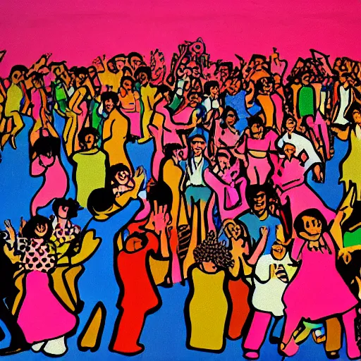 Prompt: inside the auditorium of a high school dance 1 9 8 0's, teenagers dressed up in prom outfits, dancing, room is full of people, crowded, disco light, artwork by phillip guston