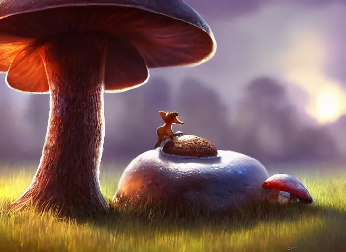 Image similar to a cute creature sitting next to a mushroom, golden hour, fantasy, sharp focus, digital art, hyper realistic, 4 k, unreal engine, highly detailed, hd, dramatic lighting by brom, trending on artstation