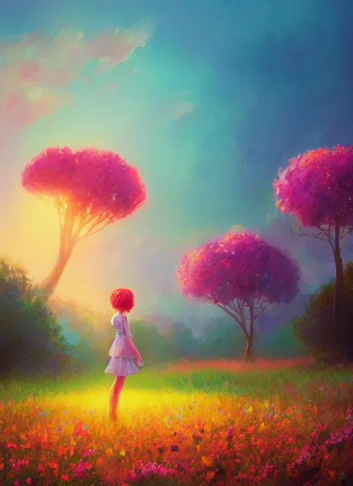 Image similar to girl with giant flower hair and flower dress, standing in a flower field hills, big trees, sunrise dramatic light, impressionist painting, colorful clouds, digital painting, pointillism, artstation, simon stalenhag