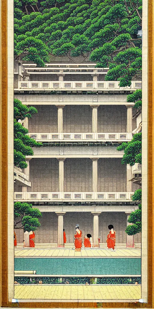 Image similar to a beautiful ancient greek bathhouse in the summer by hasui kawase