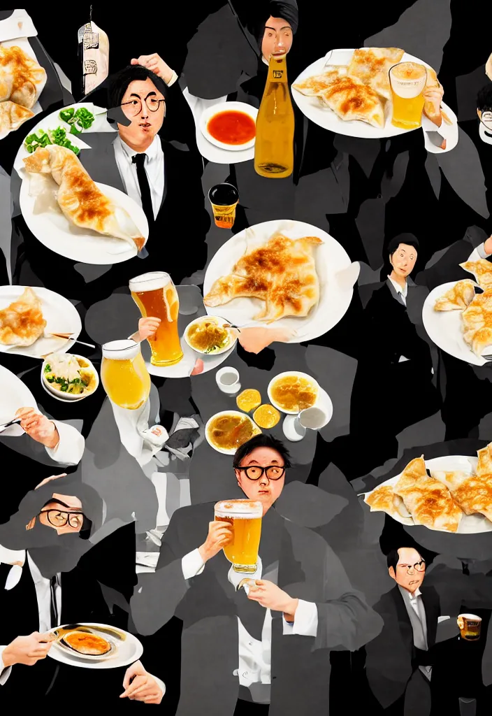 Prompt: businessmen eating gyoza and drinking beer at a nighttime izakaya in shinbashi tokyo, japan, a collage painting, in the style of wes anderson, lola dupre, david hockney, isolated on negative white space background dark monochrome fluorescent neon spraypaint accents volumetric octane render