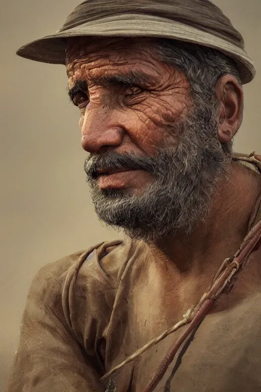 Image similar to mesopotamian fisherman, close-up portrait, poor, intricate, elegant, volumetric lighting, scenery, digital painting, highly detailed, artstation, sharp focus, illustration, concept art, ruan jia, steve mccurry and Irakli Nadar