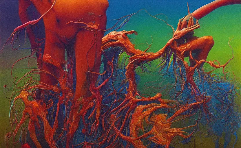 Prompt: a painting of the rainbow sparks terror in hearts unpure, biomorphic, highly detailed, surrealist painting by beksinski, alex grey and melted plastic, oil on canvas, trending on artstation