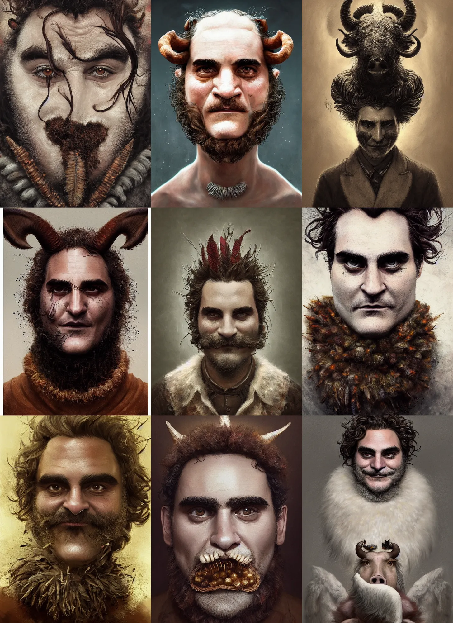 Prompt: a hyper detailed full face portrait of a anthropomorphic joaquin phoenix as the king of animals, cow horns, pig nose, sheep wool, chicken feathers, horror, by anna podedworna, by miklos ligeti, by diego maricato, by taran fiddler, by antonino truisi, on artstation