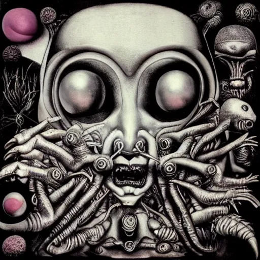 Image similar to post - punk new age pop album cover, asymmetrical design, alien, magic, apocalypse, psychedelic, highly detailed, black white pink, magic, giger h. r., giuseppe arcimboldo