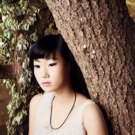 Image similar to portrait of asian girl in the costume of bird, sitting in the tree, jewellery, beautiful face, elegant, stylish, cool, deep gaze, emotionally touching, tenderness, high quality, photo realistic, work in the style of annie leibowitz