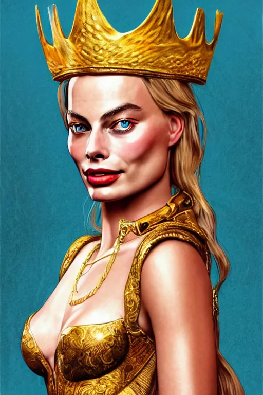 Image similar to Portrait of margot Robbie as a pirate queen with golden crown, elegant, photorealistic, highly detailed, artstation, smooth, sharp focus, gold ornaments, neon lighting, sci-fi, art by Klimt