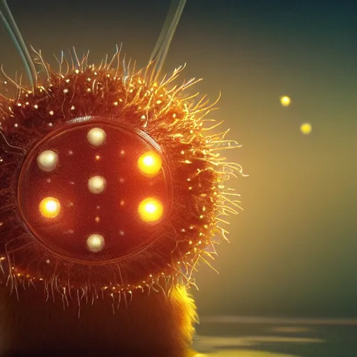 Prompt: tiny fur single - cell monster, floating, rbc, radiolaria, protophyta, micro - organisms, center, symmetric, rim light, marine microbiology, bioluminescence, electric, fur, soft, concept art, intricate details, highly detailed, colorful, photorealistic, disney pixar, octane render, iridescent, anime, 8 k