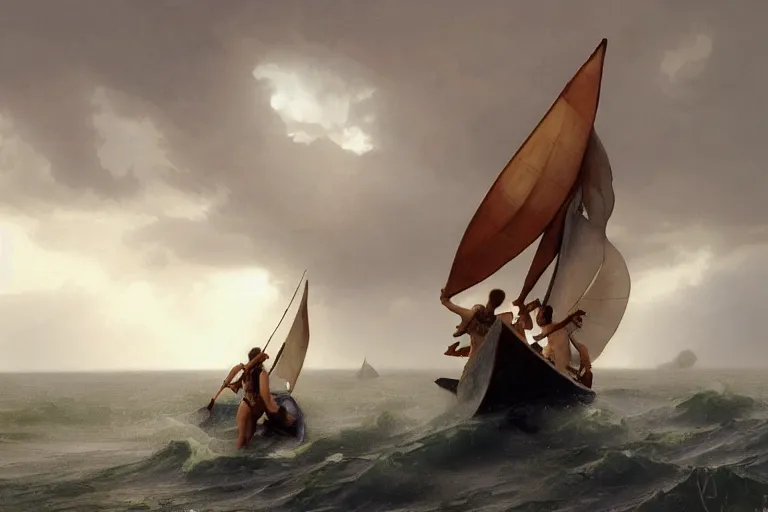 Image similar to ancient historically accurate depiction of Bible Character walking on water during a storm, a small fishing sailboat with scared sailors on board, dramatic lighting by frank miller, illustration by Ruan Jia and Mandy Jurgens and William-Adolphe Bouguereau, Artgerm, 4k, digital art, surreal, space dandy style, highly detailed, godsend, artstation, digital painting, concept art, smooth, sharp focus, illustration by Ruan Jia and Mandy Jurgens and William-Adolphe Bouguereau, Artgerm