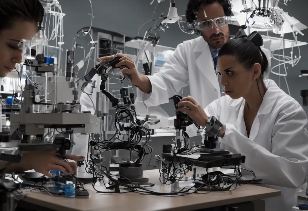 Prompt: professional shot of a scientist thin latino male in his tech lab, helping a female girl change their cyborg parts. from love death and robots ( 2 0 1 9 ). coherent portrait, intricate, elegant, highly detailed, digital photo, trending on artstation, hdr photo, smooth, sharp focus, art by artgerm and greg rutkowski and alphonse mucha