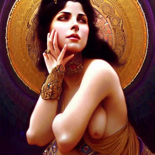 Image similar to beautiful portrait of mata hari, natural beauty expressive pose, fantasy, intricate, elegant, highly detailed, digital painting, artstation, concept art, smooth, sharp focus, illustration, art by artgerm and greg rutkowski and alphonse mucha