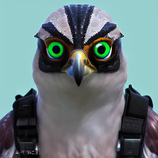 Image similar to profile picture of a falcon in sci-fi clothing looking smug, quarter view, close up, trending on artstation