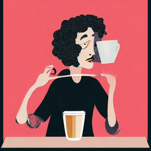 Image similar to illustration a parisian girl drink a coffee, by malika favre