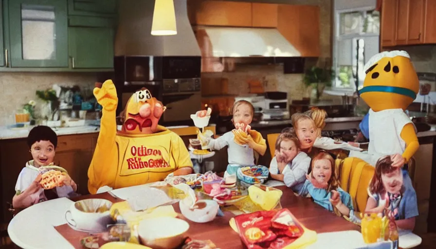 Prompt: 1 9 9 0 s candid 3 5 mm photo of a beautiful day in the family kitchen, cinematic lighting, cinematic look, golden hour, an absurd costumed mascot from the strange food giant face space club show is forcing the children to eat cereal, children are eating way too much cereal, kids are sad, uhd