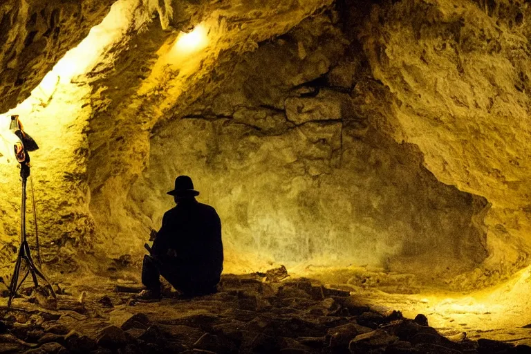 Image similar to A beautiful painting of a lone man with weak flashlight in huge dark underground cave