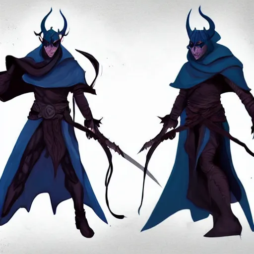 Image similar to D&D character concept art of a cloaked tiefling, tiefling rogue, blue skin color with short horns and a devil tail, fighting pose of a Rogue holding daggers, black cloak hidden in shadows, full body pose, soft colors, fantasy, intricate, elegant, highly detailed, digital painting, artstation, concept art, smooth, sharp focus, illustration, wide angle shot, full body visible, art by artgerm and H R Giger and alphonse mucha