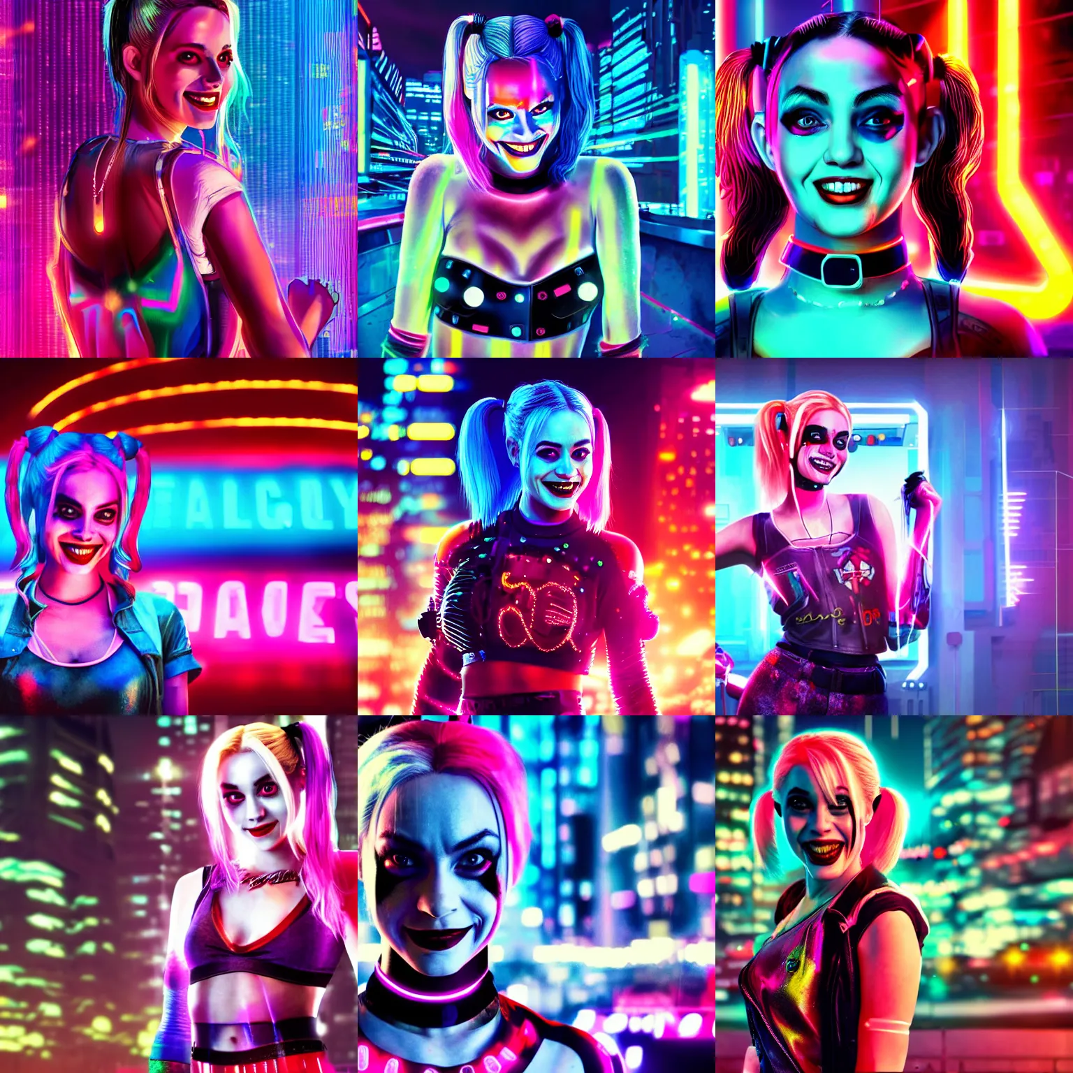 Prompt: harley quinn film still of her standing, head and shoulder shot, smiling, cyberpunk setting, beautiful cityscape background, neon signs, vibrant colors, holograms, 4k, digital art