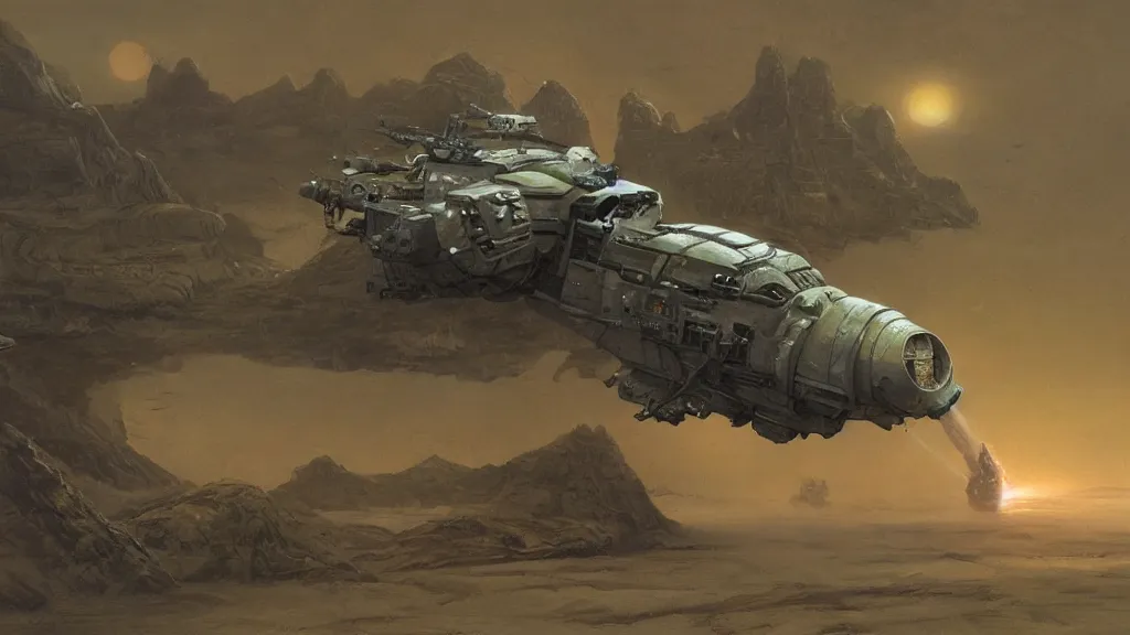 Image similar to small organic dropship lander by john schoenherr and jim burns, epic cinematic matte painting