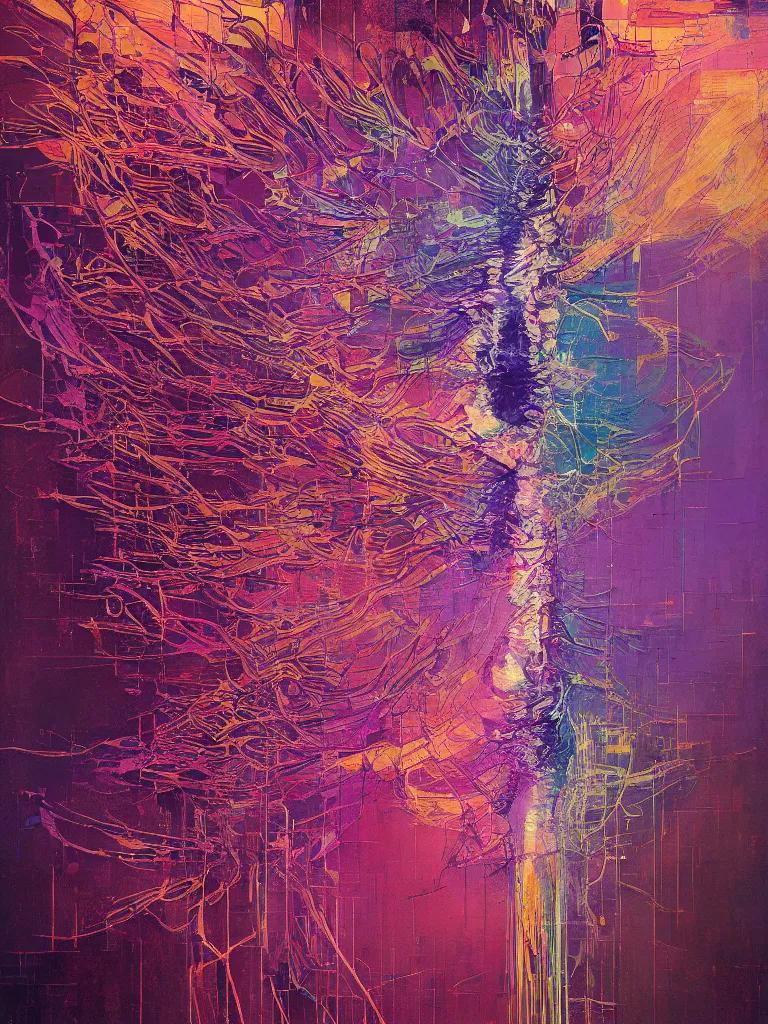 Prompt: a beautiful glitched abstract painting by dale witherow of a glitched human nervous system by robert proch, color bleeding, pixel sorting, copper oxide material, brushstrokes by jeremy mann, studio lighting, pastel purple background, square shapes