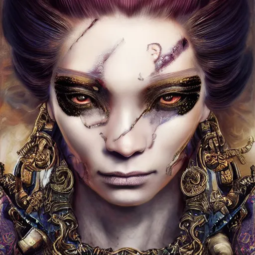 Image similar to portrait, headshot, insanely nice professional hair style, dramatic hair color, digital painting, of a old 17th century, old cyborg merchant, amber jewels, baroque, Chinese Three Kingdoms, ornate clothing, scifi, realistic, hyperdetailed, chiaroscuro, concept art, art by Franz Hals and Jon Foster and Ayami Kojima and Amano and Karol Bak,