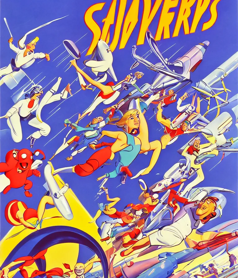 Image similar to Hannah Barbera cartoons of Five Star Stories as Whacky Races, promotional poster super detailed , xpensive production, realistic style, gouache colors, Hollywood retro cartoon poster, golden era of animation work