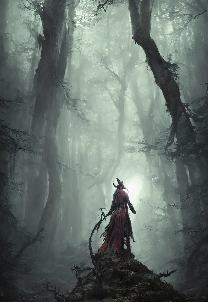 Prompt: a fancy portrait of a celestial standing in a large forest by greg rutkowski, sung choi, mitchell mohrhauser, maciej kuciara, johnson ting, maxim verehin, peter konig, bloodborne, 8 k photorealistic, cinematic lighting, hd, high details, dramatic, dark atmosphere, trending on artstation