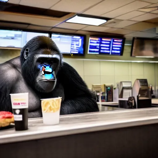 Image similar to high quality photo of a big gorilla working at a fast food restaurant