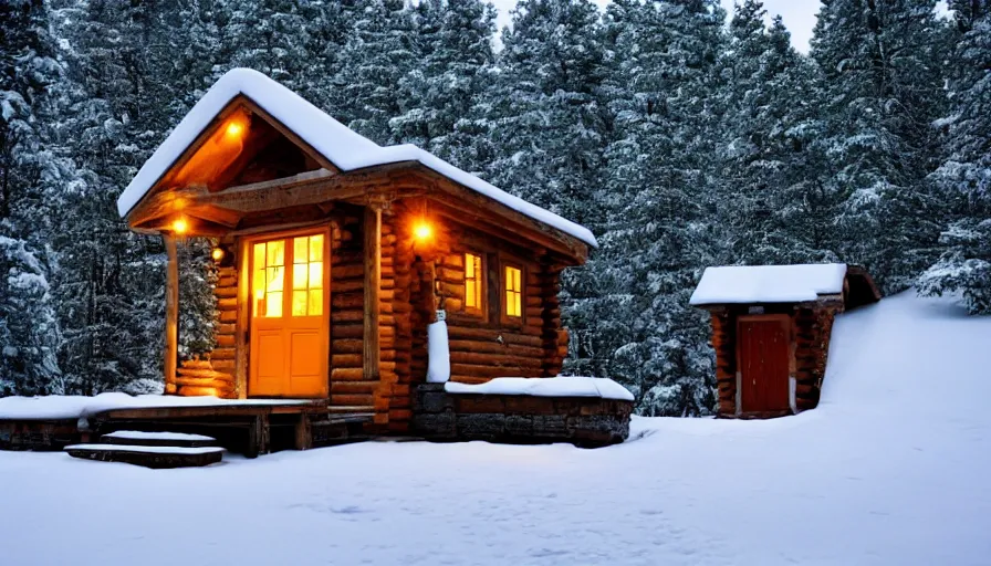 Prompt: empty cozy small cabin, warm, outside winter landscape