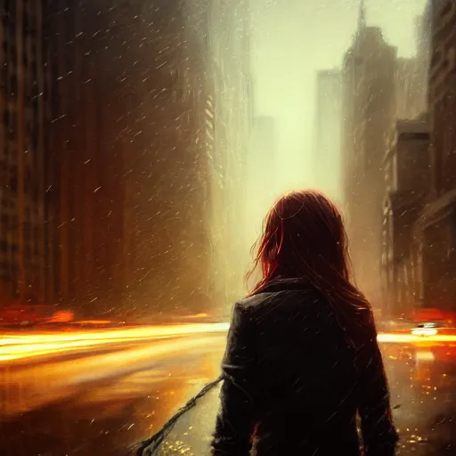 Prompt: detailed intricate digital illustration by greg rutkowski and artgerm and wlop and sanford robinson gifford ; girl standing in windy rainy city street, long exposure light streaks from car lights ; 1 3 mm film, arri alfa anamorphic lens ; sharp focus ; trending on artstation 8 k close view