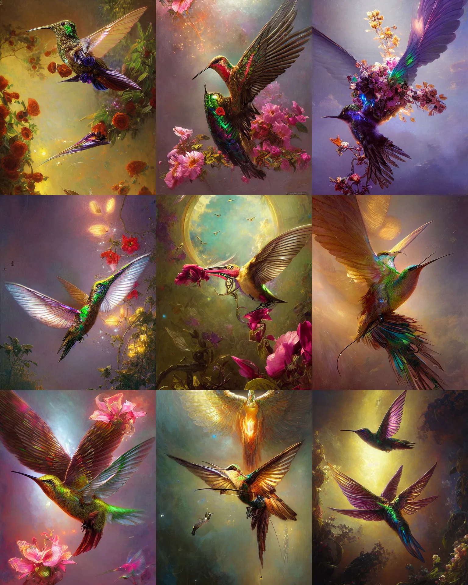 Prompt: cyborg humming bird sipping nectar from flowers, biomechanical wings, iridescent metallic feathers radiant light, caustics, heroic, bright iridescent light, by gaston bussiere, bayard wu, greg rutkowski, maxim verehin bloom dramatic lighting