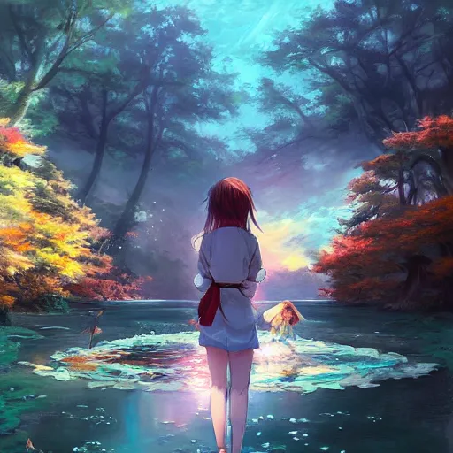 Prompt: advanced anime painting , a lake that leads into another dimension, oil painting, shikamimi, WLOP, RossDraws