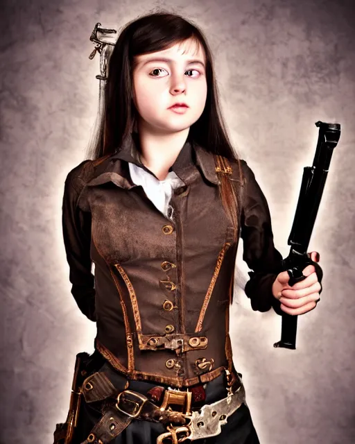 Image similar to Young girl in steampunk clothes, she wears boots and holds a gun, full body shot, sharp focus, photography, very detailed, dark hair, by nikon, by Iphone, 4k