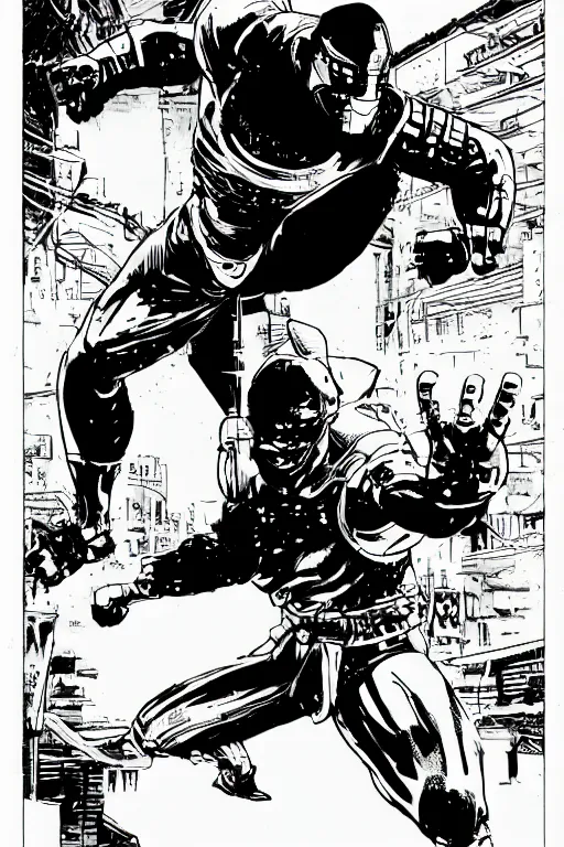 Image similar to cyborg ninja doing kung fu, a page from cyberpunk 2 0 2 0, style of paolo parente, style of mike jackson, adam smasher, johnny silverhand, 1 9 9 0 s comic book style, white background, ink drawing, black and white