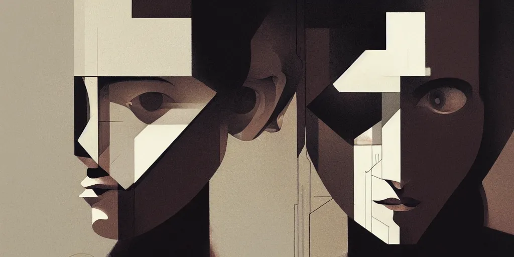 Image similar to highly detailed portrait of a portrait geometric face modernist bauhaus minimalism, by greg rutkowski and fujimoto tatsuki, dramatic lighting, dynamic pose, dynamic perspective