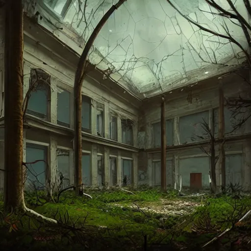 Image similar to abandoned high school overtaken by plants and nature and rot, artstation, high quality, detailed, eerie atmosphere