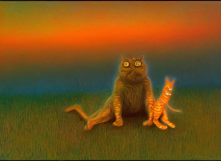 Image similar to surrealist impressionist painting of garfield at dusk, in the style of michael whelan and james gurney and wayne barlowe