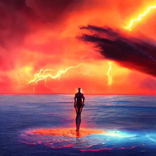 Image similar to aerial painting of a giant bionic female, standing in the middle of the ocean, the sky is on fire. neill blomkamp cinematography, atmospheric lightning, godray, concept art, trending artstation, 8 k high de