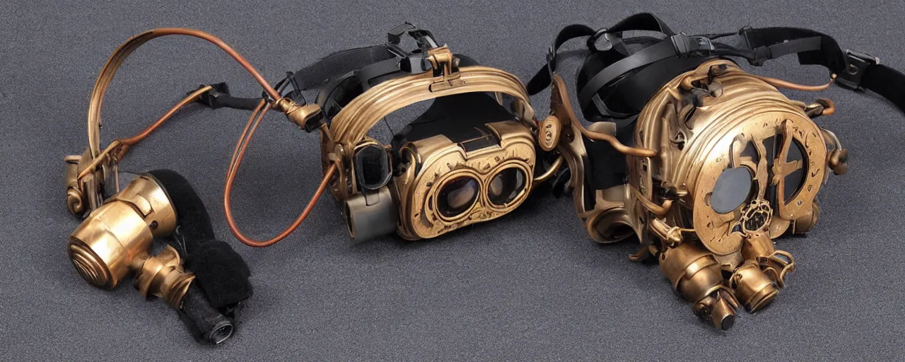 Image similar to advanced complex steampunk VR headset