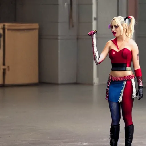 Image similar to A still of Kaley Cuoco as Harley Quinn